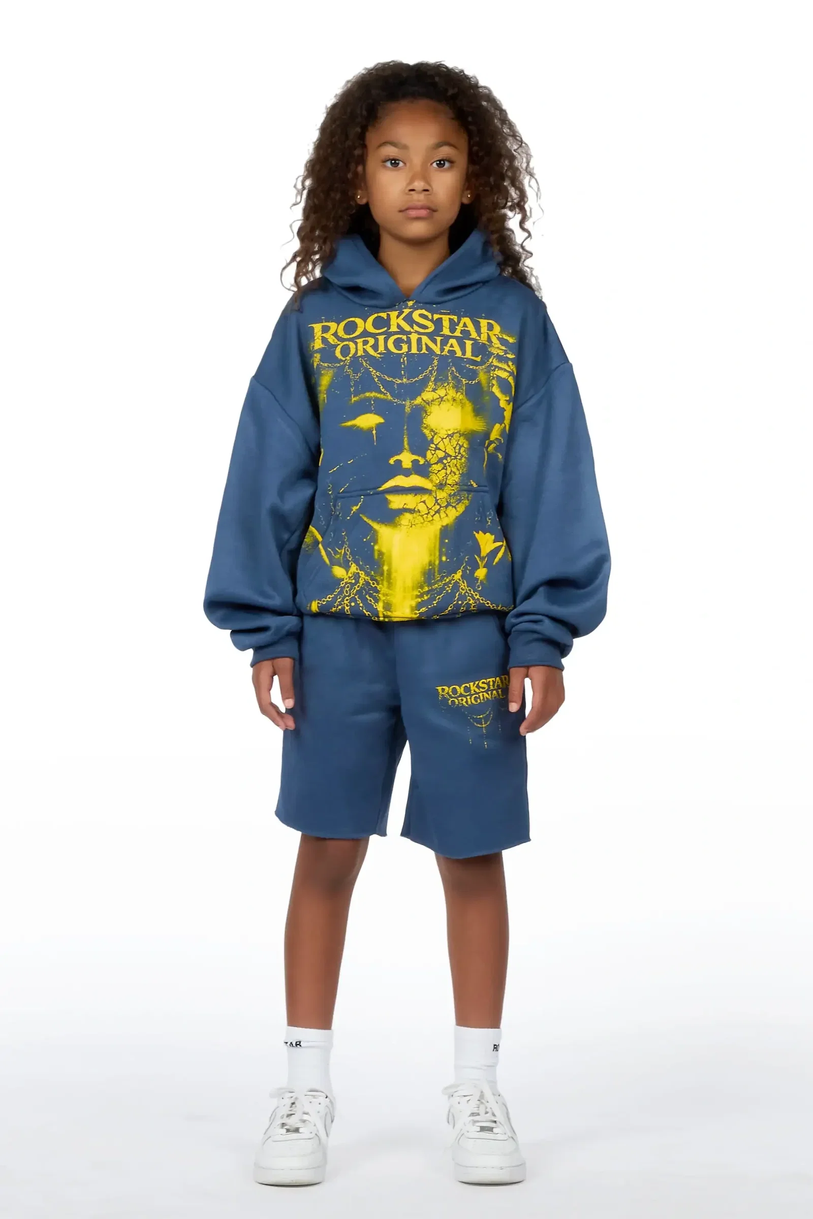 Image of Girls Kairose Navy/Yellow Fleece Hoodie Short set