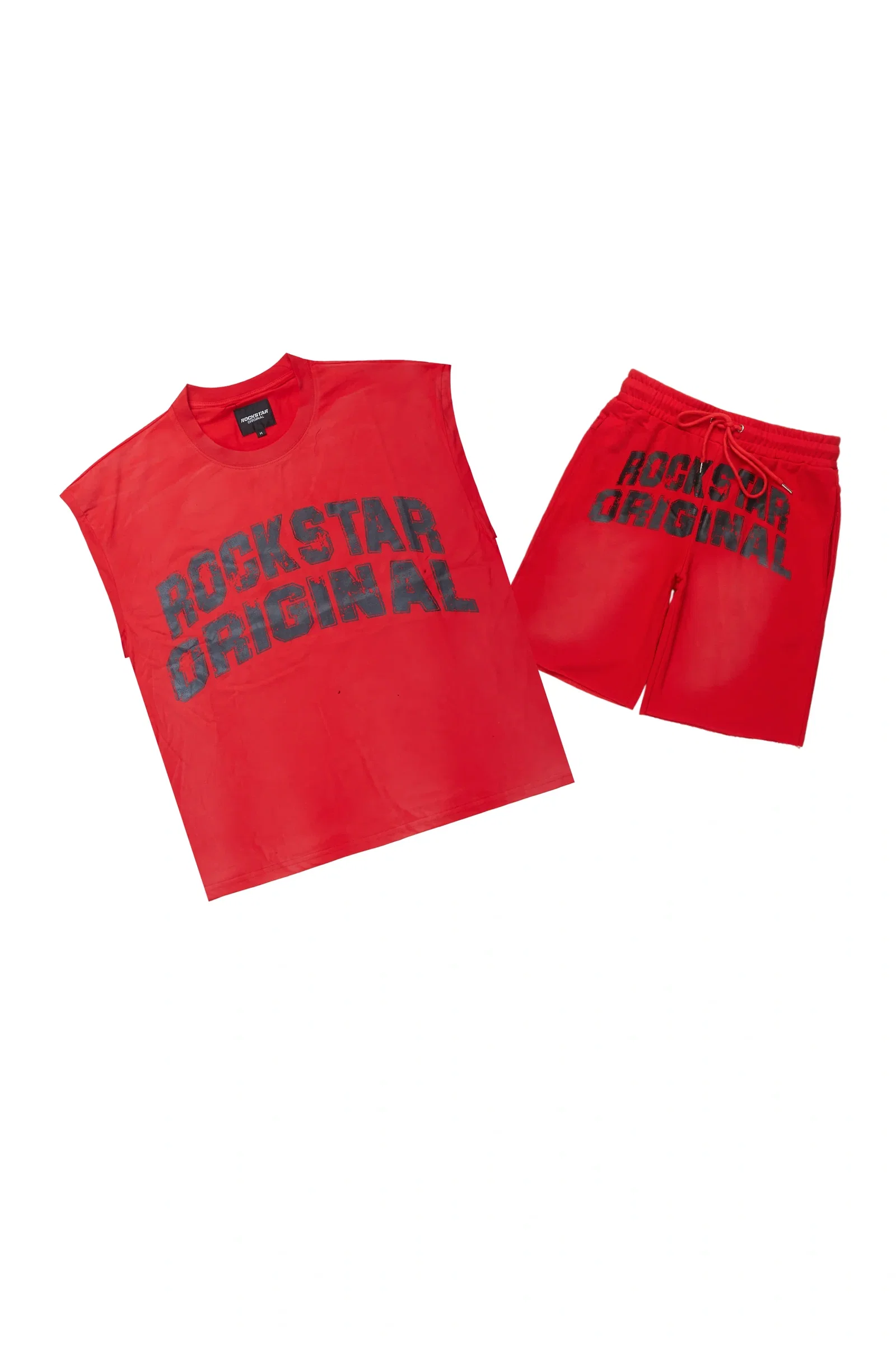 Image of Tumo Red Cut Sleeve Crop Boxy Tee Short Set