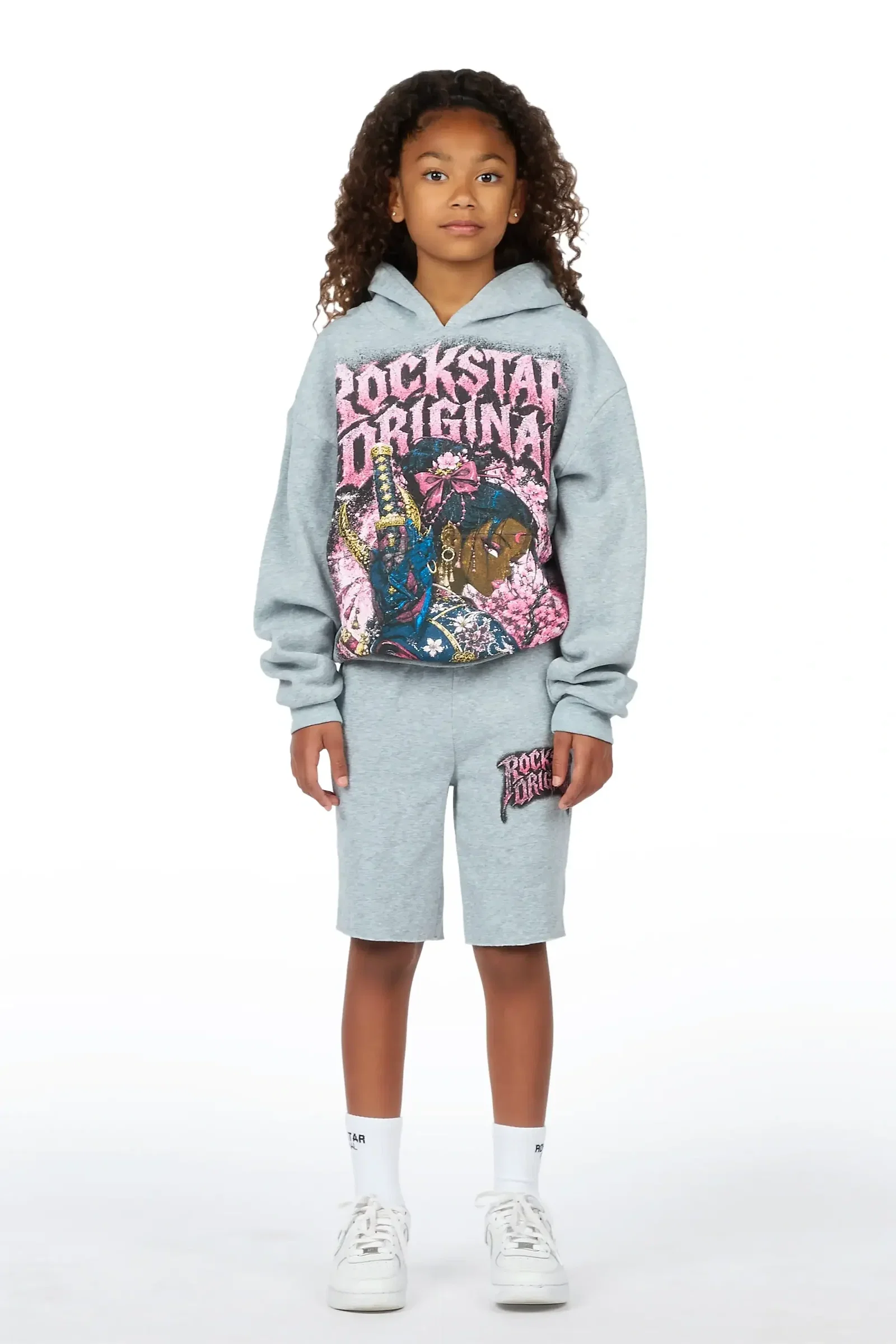 Image of Girls Kavera Heather Grey Graphic Hoodie Short Set