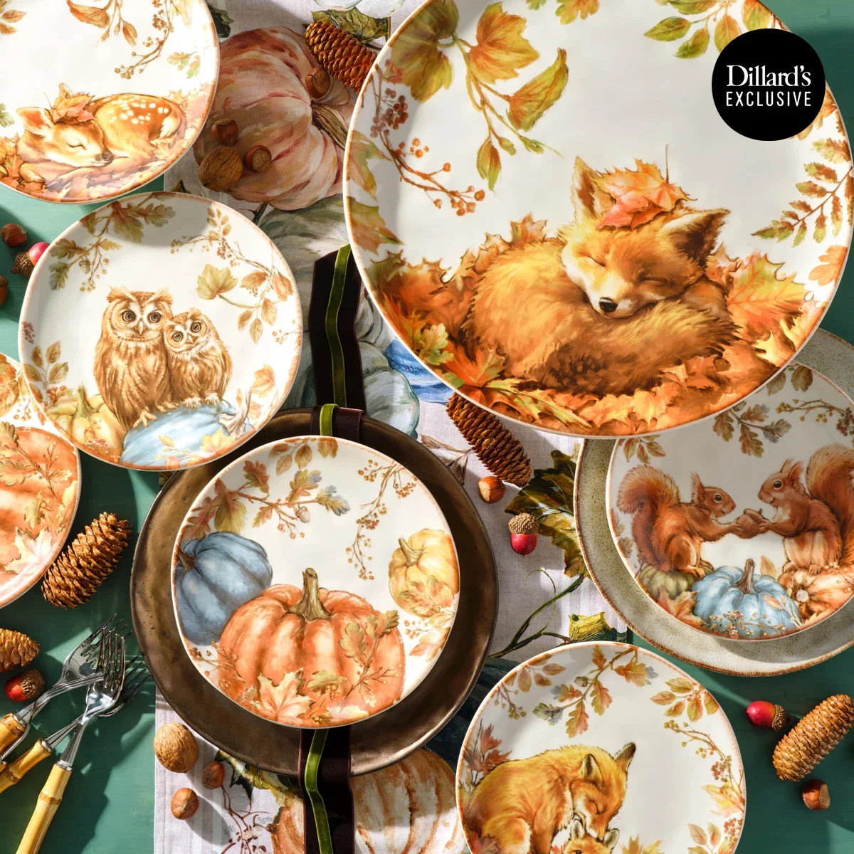 Southern Living® Harvest Animals Collection Fox Platter, $45 Harvest Animals Collection Accent Plates, Set of 4, $56 Harvest Animals Collection Pumpkin Accent Plates, Set of 2, $28 Astra Collection Glazed Dinner Plate, $18 Astra Teal Dinner Plate, Set of 2, $50 Astra Collection Glazed Bronze Dinner Plates, Set of 2, $50 20-Piece Bamboo Flatware Set, $150 Astra Collection Glazed Bronze Metallic Dinner Plate, $18* Heirloom Pumpkin Runner, $55* *In store only.