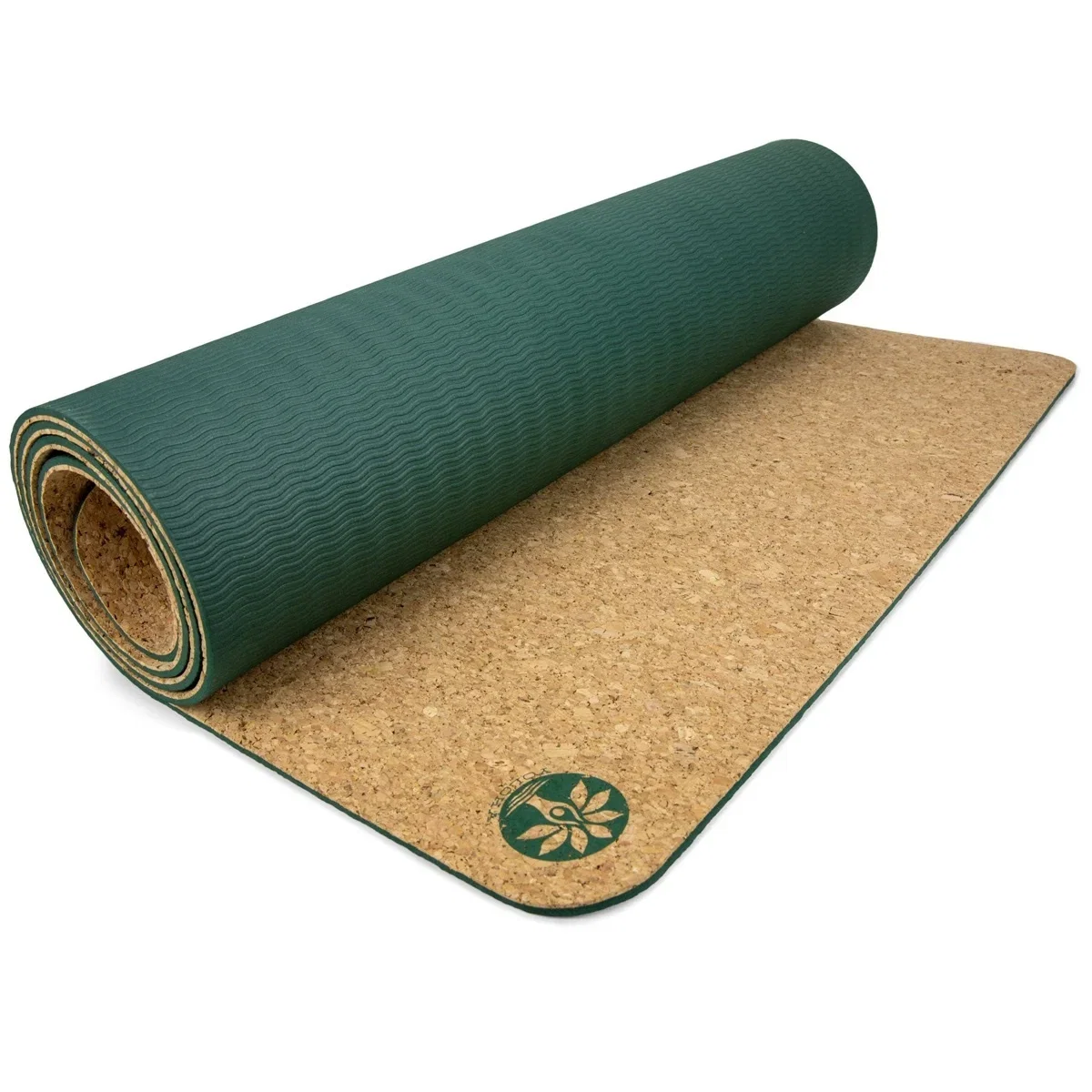 Yoloha cork yoga mat, partially rolled to show the green grip top and natural cork underside