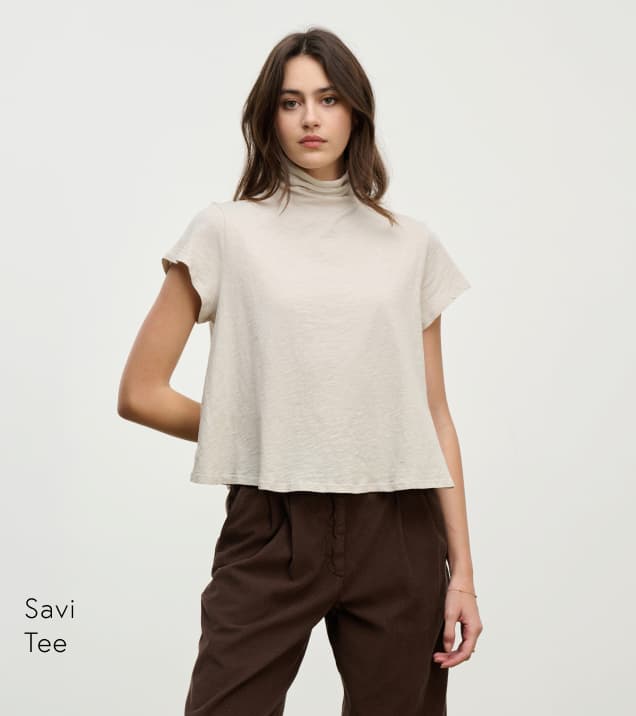 Image of model wearing Savi in Cookie.