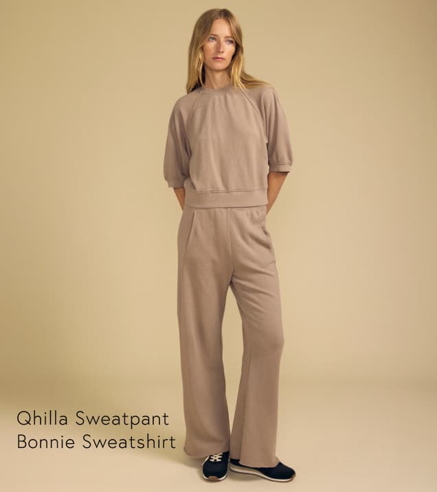 Image of model wearing Bonnie + Qhilla in Faded Coco.