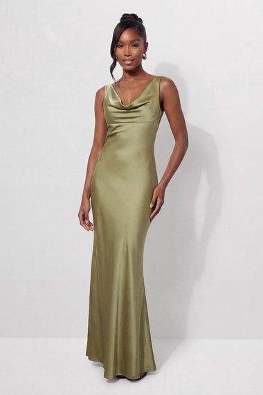 Premium Satin Cowl Neck Fishtail Maxi Bridesmaid Dress