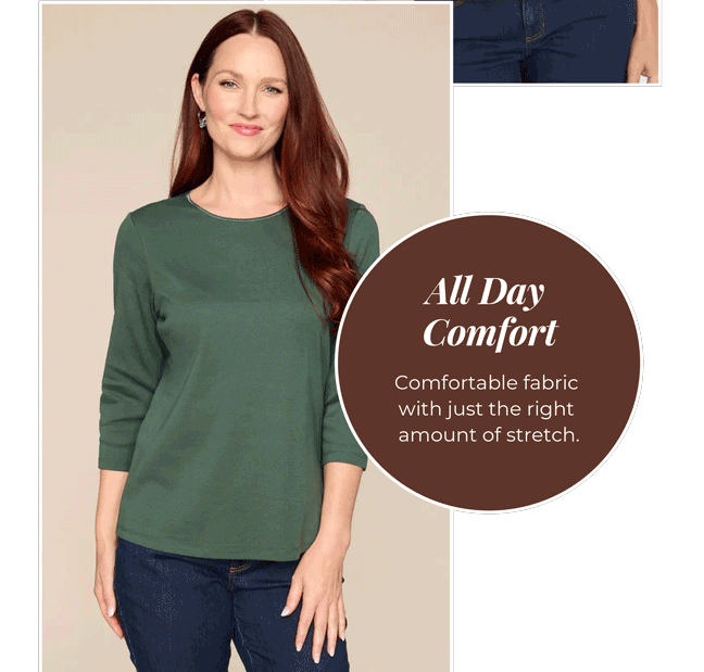 3/4 Sleeve Satin Trim Crew Neck Perfect Tee