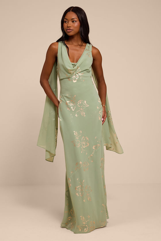 Image of Sidonia Sage And Gold Floral Cowl Sash Maxi Dress