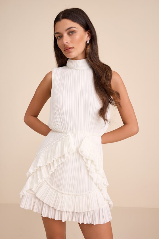Image of Alvana White Plisse Mock Neck Ruffled Mini Dress