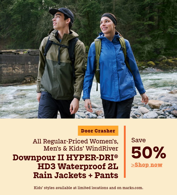 Door Crasher All Regular-Priced Women's, Men's + Kids' WindRiver Downpour II Hyper-Dri HD3 Waterproof 2L Rain Jackets + Pants Save 50%