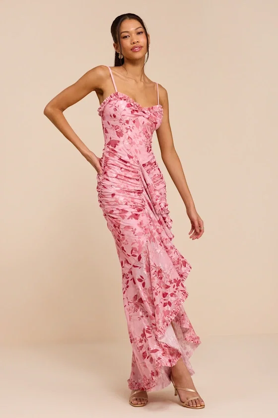 Image of Zella Pink Multi Floral Mesh Ruffled Maxi Dress