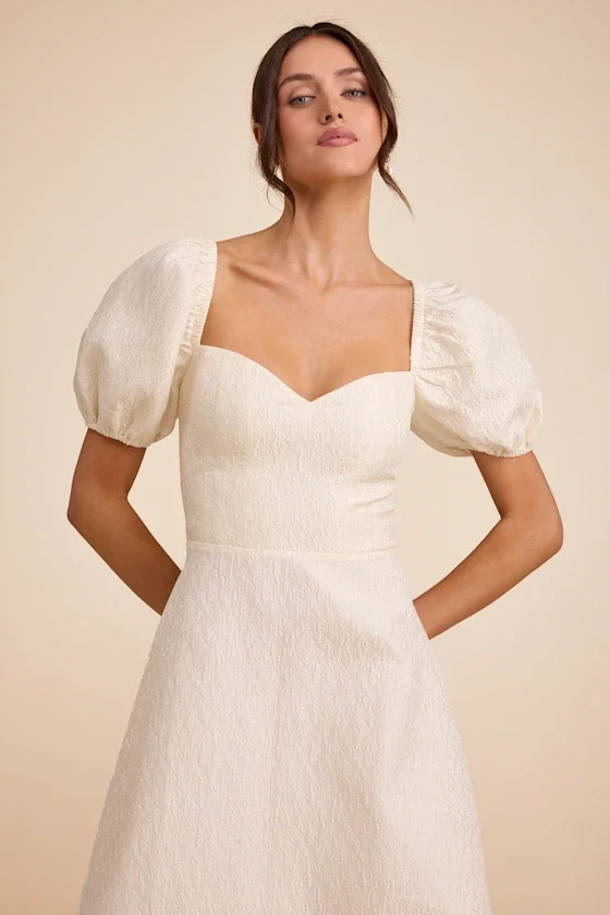 Image of Melly Ivory Textured Jacquard Puff Sleeve Midi Dress