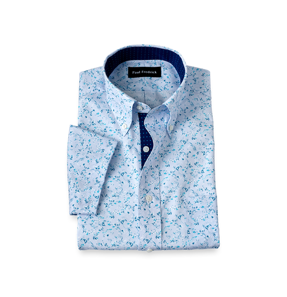 Non-Iron Cotton Floral Short Sleeve Dress Shirt With Contrast Trim - Teal-Classic Fit / 15.5