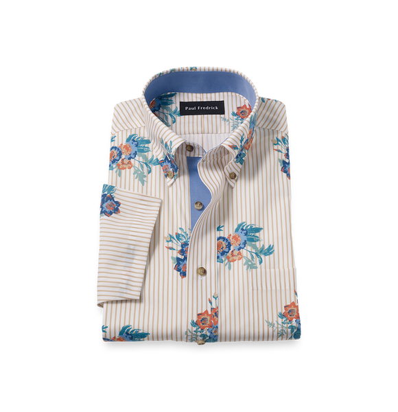 Non-Iron Cotton Floral Short Sleeve Dress Shirt With Contrast Trim - Tan Multi-Classic Fit / 17.5