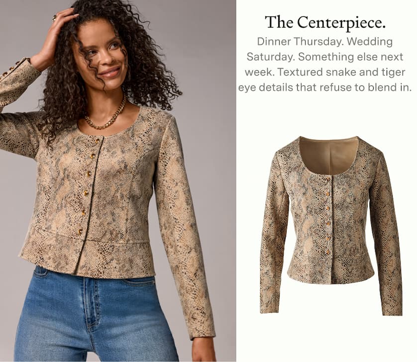 Snake Faux Suede Tiger Eye Button Front Scoop-neck Jacket