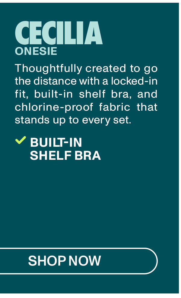 Cecilia Onesie: Thoughtfully created to go the distance with a locked-in fit, built-in shelf bra, and chlorine-proof fabric that stands up to every set.