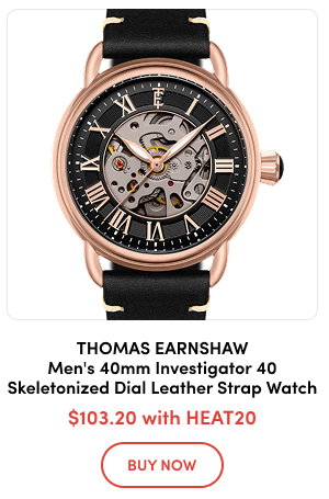 ES-8307-06  Thomas Earnshaw Men's 40mm Investigator 40 Automatic Skeletonized Dial Leather Strap Watch  $103.20 with HEAT20