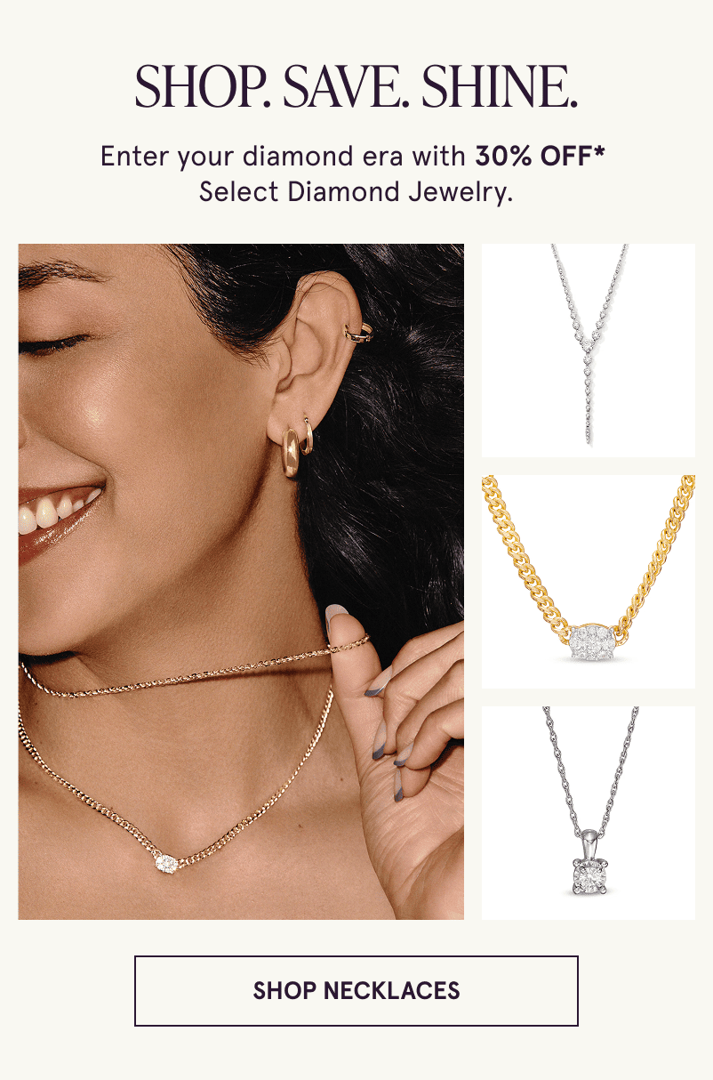 A model wearing gold diamond jewelry with closeups on the side. 30% off select diamond jewelry. Click here to shop necklaces