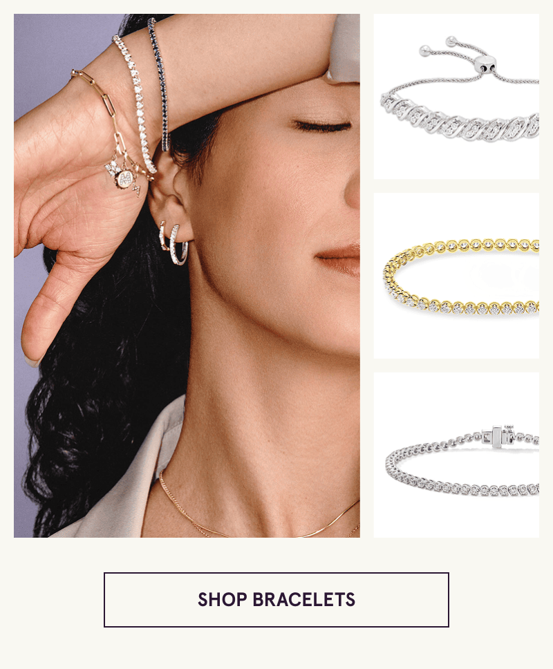 A model wearing gold diamond gemstone jewelry with closeups on the side. Click here to shop bracelets
