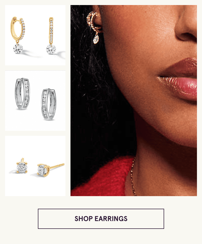 A model wearing gold diamond earrings with closeups on the side. Click here to shop earrings