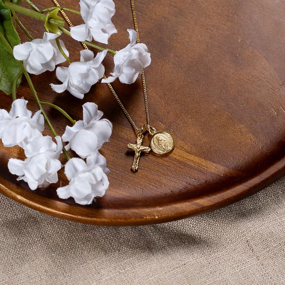 Gold Over Sterling Round Miraculous Medal & Petite Crucifix Necklace