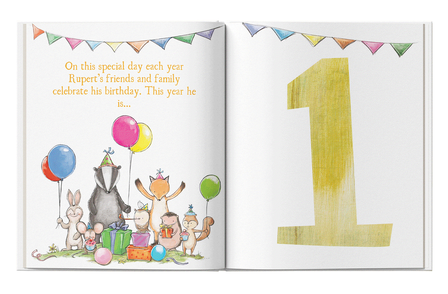 An open personalised birthday story book showing woodland animals celebrating at a party table, with the child's favourite food woven into the story