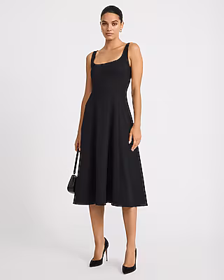 Crepe Square Neck Seamed Fit and Flare Midi Dress with Pockets