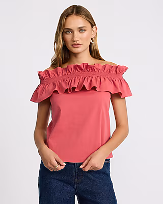 Stretch Cotton Poplin Off The Shoulder Ruffle Top