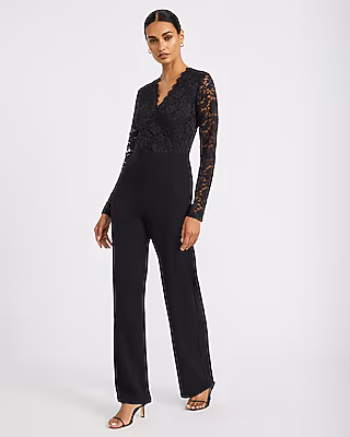 Lace V-Neck Long Sleeve Wrap Wide Leg Jumpsuit