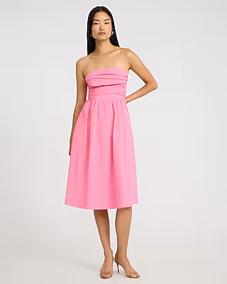 Poplin Strapless Ruched Smocked Tie Back Midi Dress with Pockets
