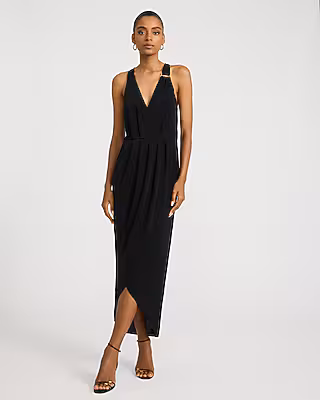 V-Neck Novelty Hardware Pleated Wrap Maxi Dress