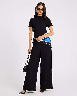 Mock Neck Wide Leg Jumpsuit with Pockets in Signature Ponte