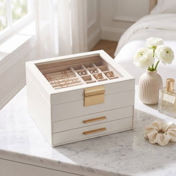 SONGMICS Jewelry Box Glass Lid 3-Layer Organizer 2 Drawers