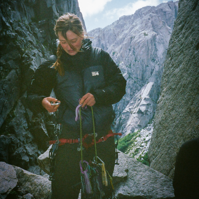 Flavie in the Phantom Alpine™ Belay Down Parka