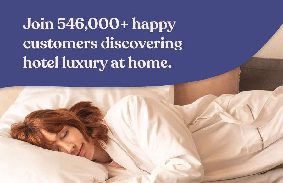 A medium shot shows a woman with auburn hair sleeping peacefully on a white pillow, wearing a white robe, with the text 'Join 546,000+ happy customers...