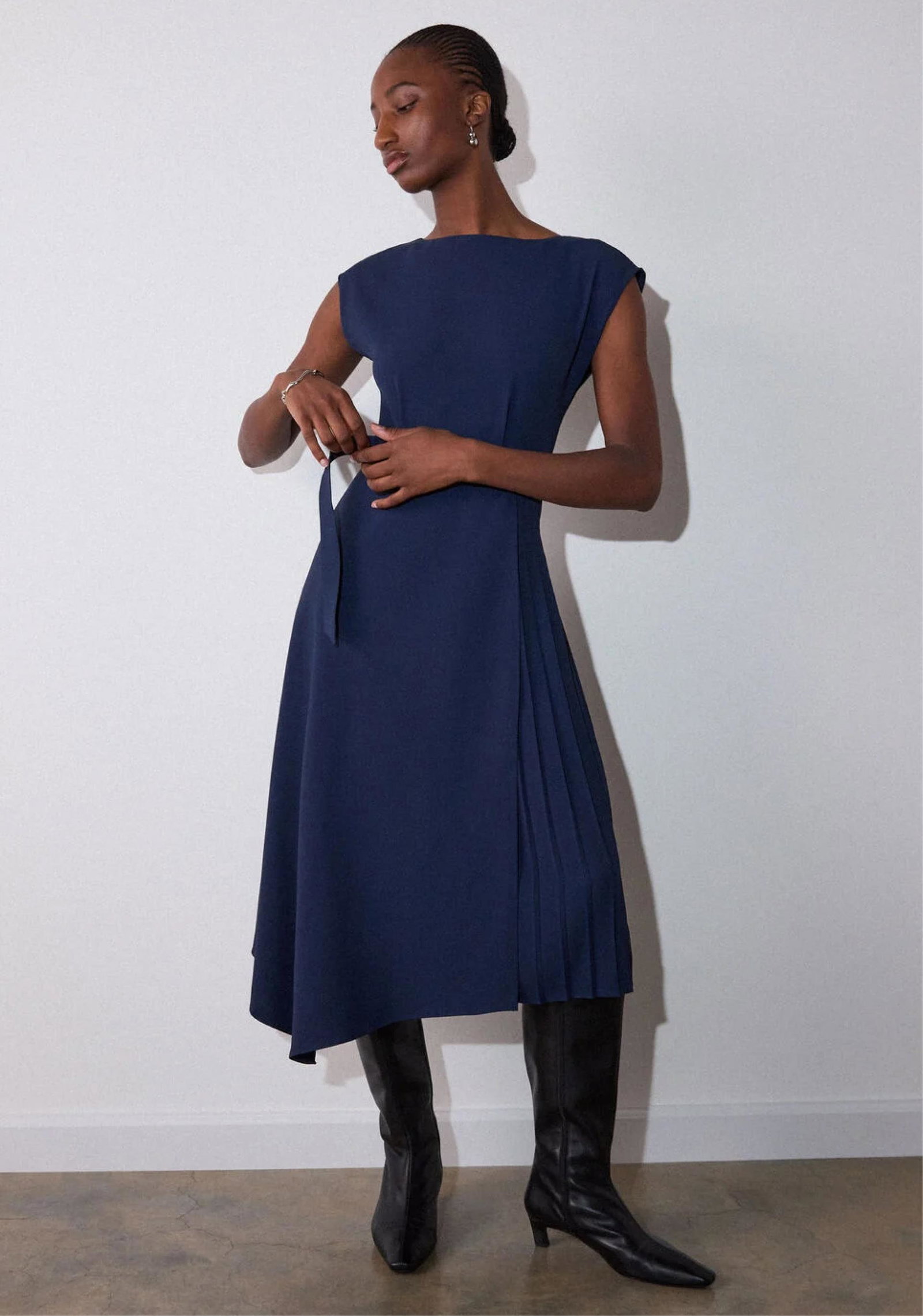 Navy Pleat Detail Asymmetric Midi Dress