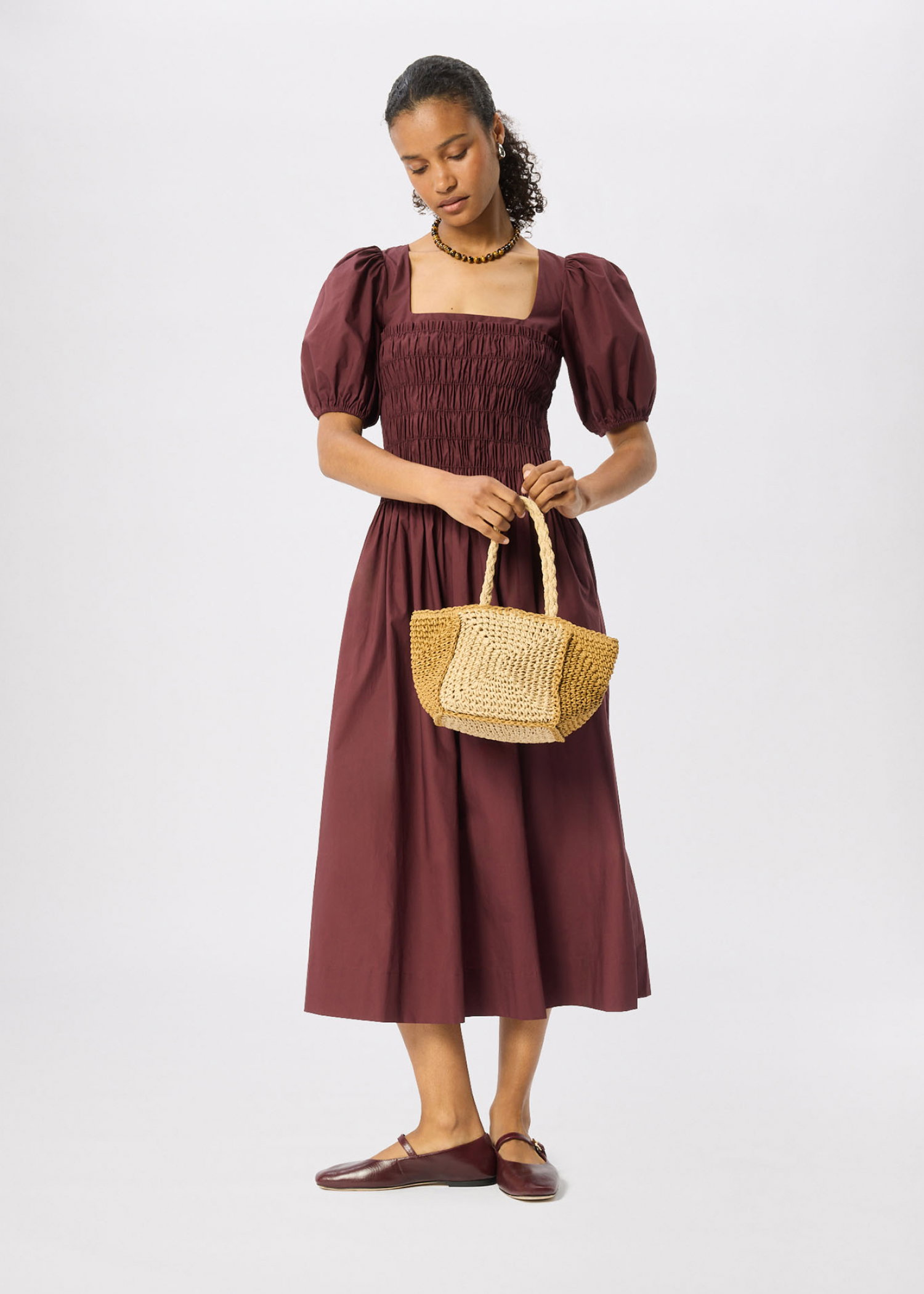 Plum Cotton Ruched Bodice Dress