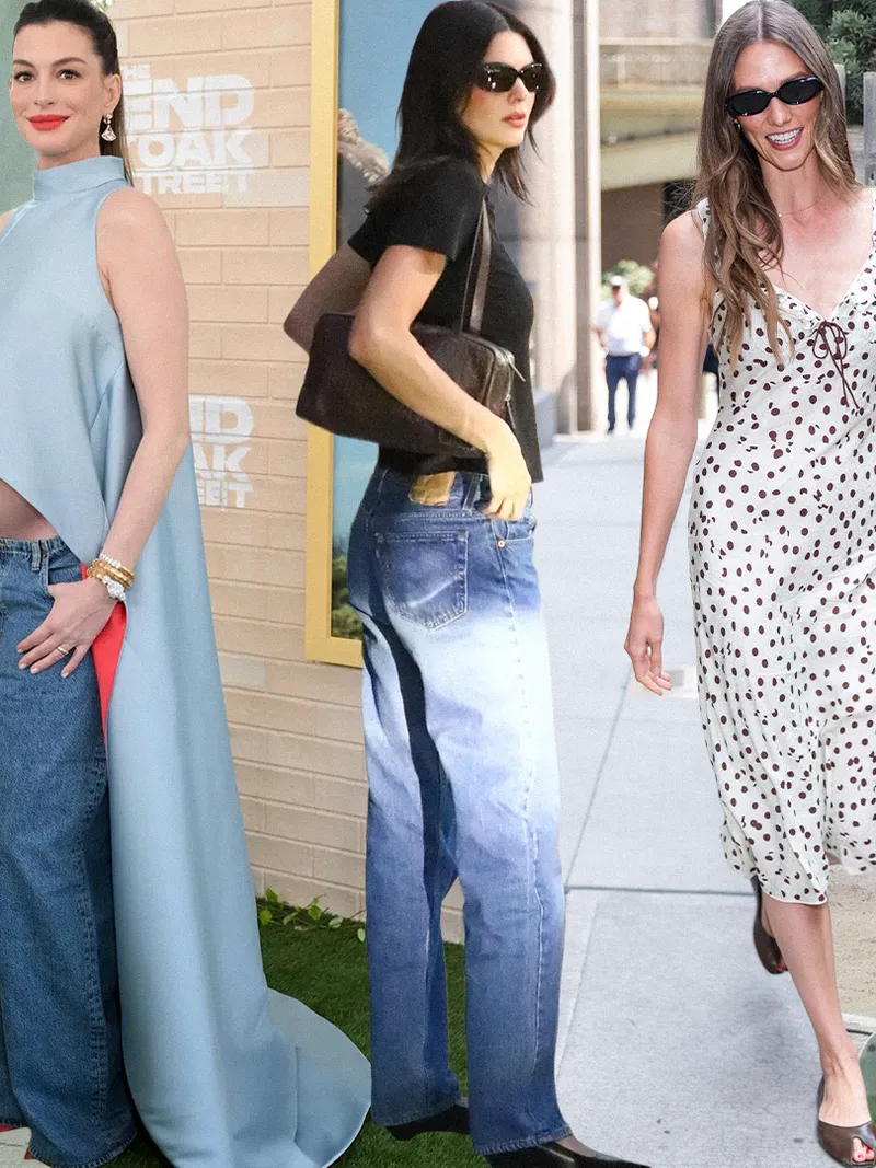 Image may contain: Anne Hathaway, Kendall Jenner, Clothing, Jeans, Pants, Adult, Person, Accessories, Bag, and Handbag