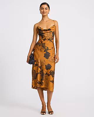 Satin Floral Cowl Neck Cross Back Midi Slip Dress
