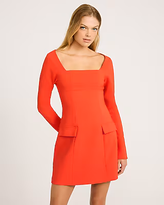 Square Neck Long Sleeve Tailored Mini Dress with Pockets