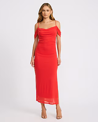 Mesh Cowl Neck Off The Shoulder Draped Maxi Dress