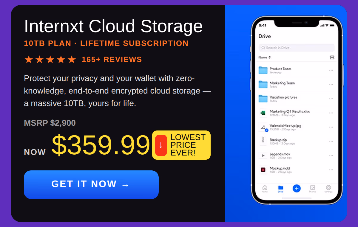 Internxt Cloud Storage Lifetime Subscription: 10TB Plan