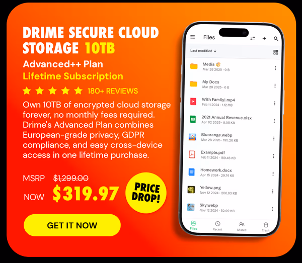 Drime Secure Cloud Storage: Lifetime Subscription (Advanced++ Plan/10TB)