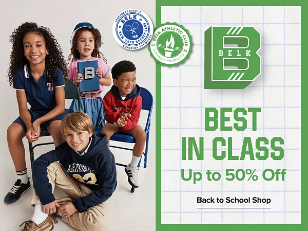 Best in class. Up to 50% off. Shop the back to school shop. A group of kids with school supplies and clothes.