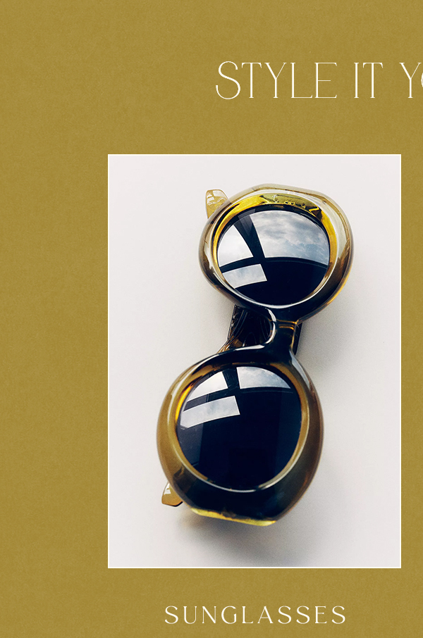 Chunky round olive-green sunglasses centered on a mustard background. Header text: STYLE IT YOUR WAY. Footer text: SUNGLASSES.
