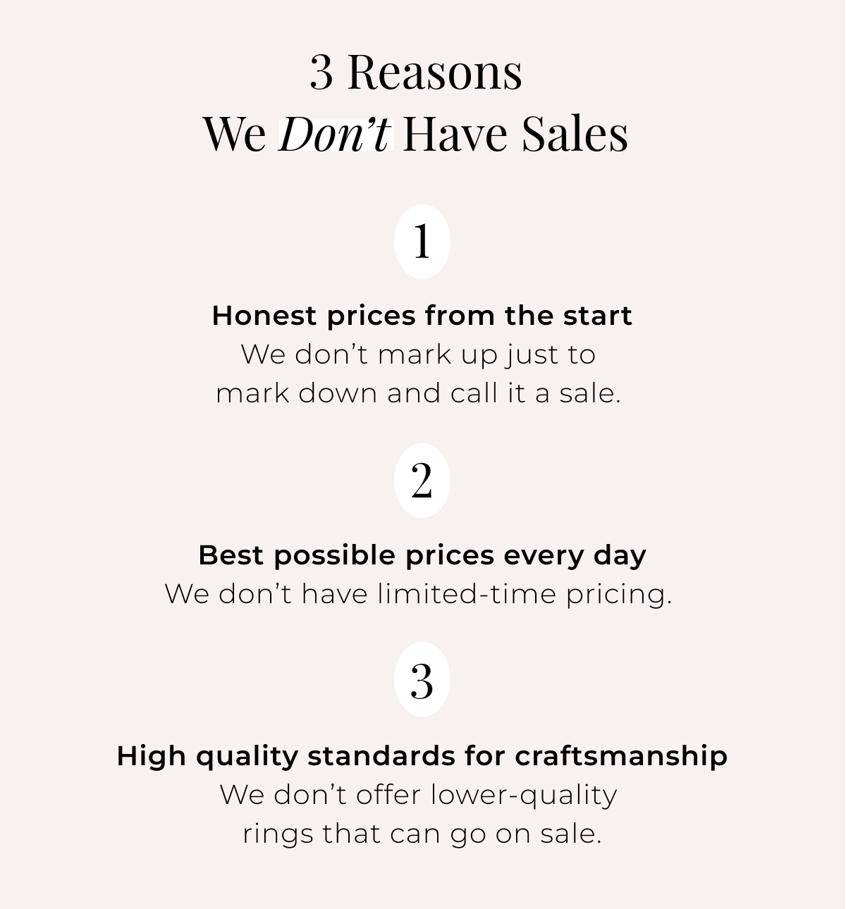3 Reasons We Don’t Have Sales 1. Honest prices from the start We don’t mark up just to mark down and call it a sale. 2. Best possible prices every day We don’t have limited-time pricing. 3. High quality standards for craftsmanship We don’t offer lower-quality rings that can go on sale.