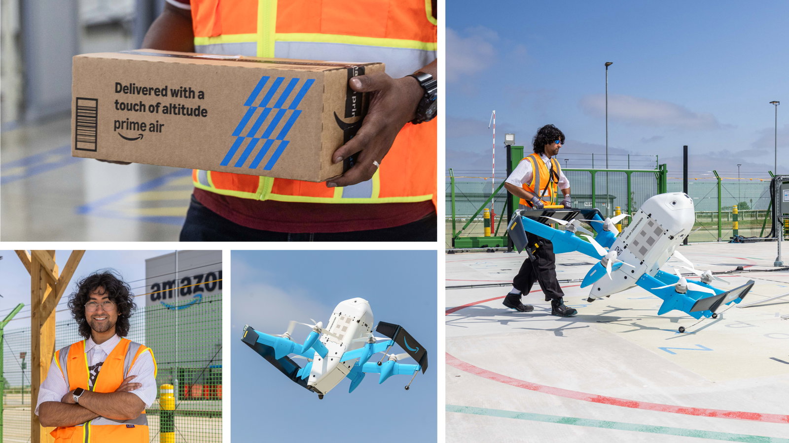 Prime Air delivery scenes show a worker with a branded parcel alongside a drone on an outdoor launch pad.