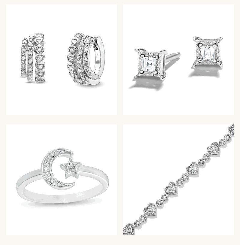 4-grid layout of unique silver-set jewelry with diamond accents, including ring, heart-bracelet, huggies & studs. 