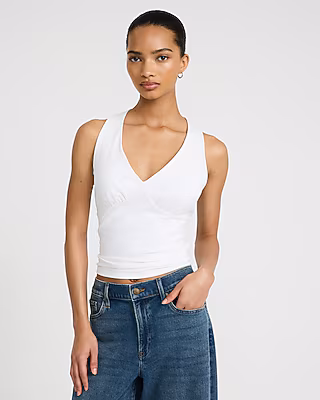 Body Contour Light Compression V-Neck Ruched Tank in Stretch Cotton