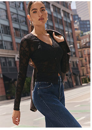 Shop Womens Sheer Floral Lace V-Neck Button Front Top