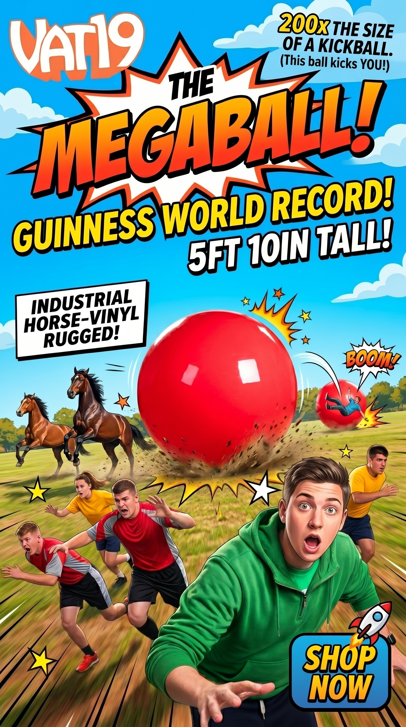 Vat19 The Megaball! 200x the size of a kickball. Guinness World Record! 5ft 10in tall! Industrial Horse-Vinyl Rugged! Giant red ball rolling through a field with horses and people running away. Shop Now button.