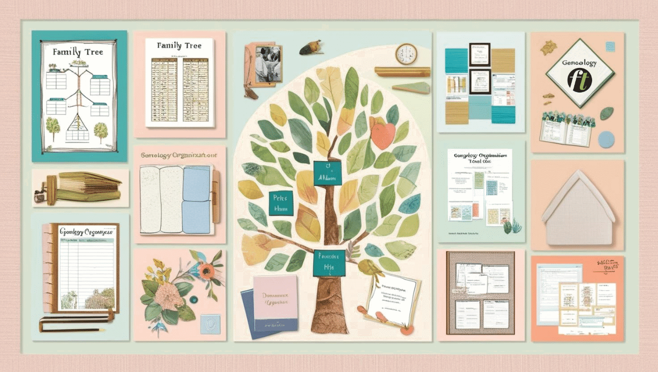 Collage of genealogy organization tools, including a family tree, charts, documents, and organizers arranged on a pastel background.
